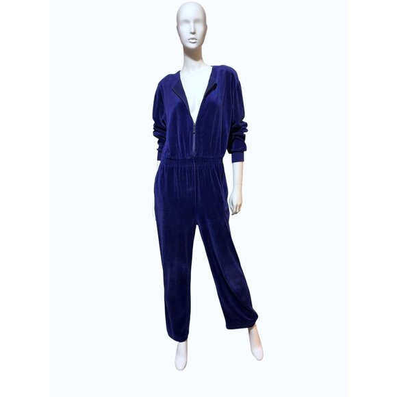 VTG Lizsport Velour Jumpsuit L Purple Zip Wide Leg Resort Cruise Athleisure